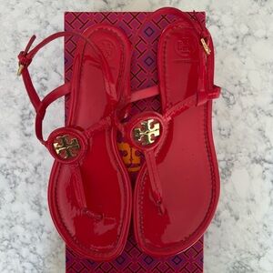 Tory Burch Soft Leather Patent Dillan Sandals in Ruby Jewel, Size 9.5